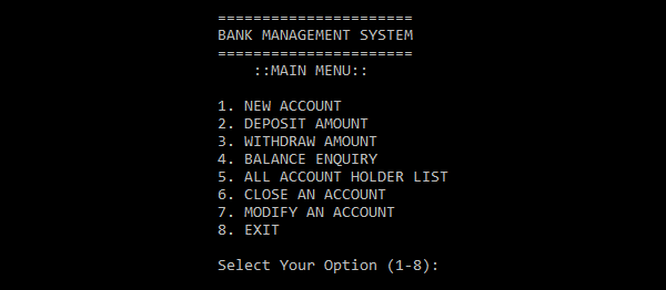 Screenshot bankmanagementc - BANK MANAGEMENT SYSTEM IN C++ WITH SOURCE CODE