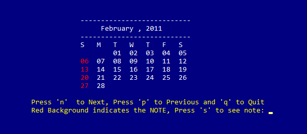 Screenshot calendar - SIMPLE CALENDAR IN C PROGRAMMING WITH SOURCE CODE