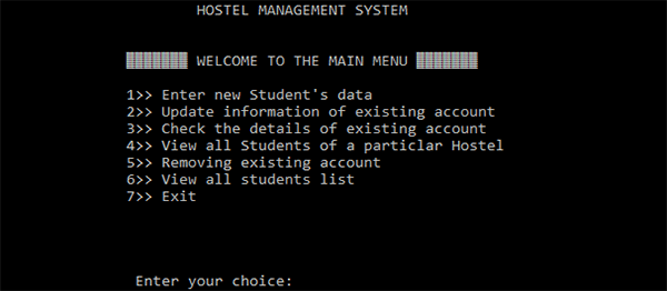 Screenshot hostel mgmt - Hostel Management System In C Programming With Source Code