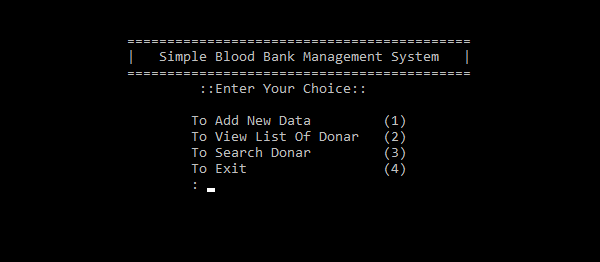 Screenshot simplebloodbankc - SIMPLE BLOOD BANK MANAGEMENT SYSTEM IN C++ WITH SOURCE CODE