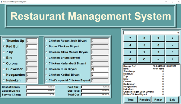Restaurant Management System - RESTAURANT BILLING SYSTEM IN PYTHON WITH SOURCE CODE